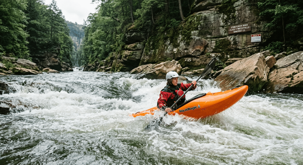 Kayaker navigates Class V whitewater in a forested gorge