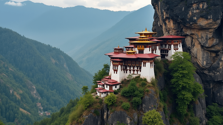 Wide angle view of a traditional monastery in Bhutan