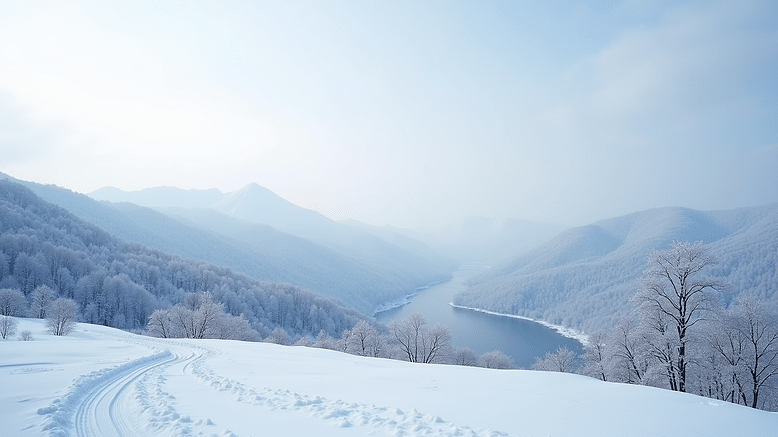 Wide angle view of snow-covered mountains in Hokkaido
