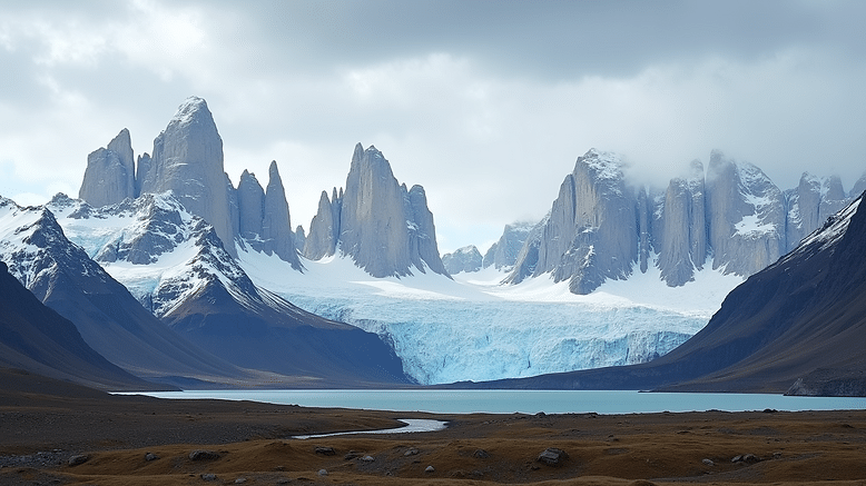 Wide angle view of the dramatic peaks of Patagonia