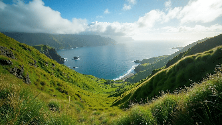 High angle view of the lush landscape of the Azores