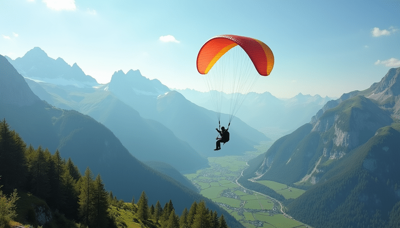 Eye-level view of a paraglider soaring over a mountain range with lush green valleys below