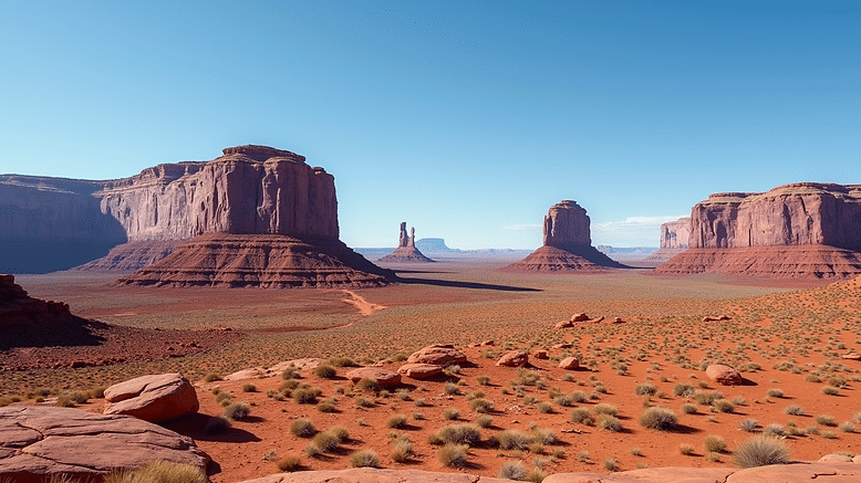 Wide angle view of red rock formations in Moab