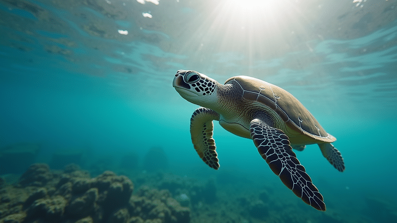 Close-up view of a sea turtle swimming in the Galápagos