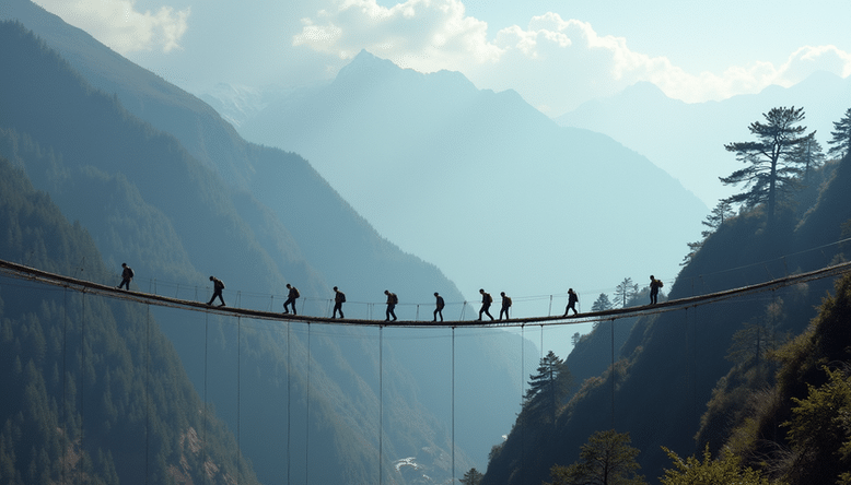 High angle view of trekkers crossing a suspension bridge over a river in the Himalayas
