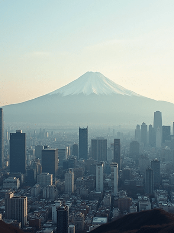 Wide angle view of the Tokyo skyline with Mount Fuji in the background
