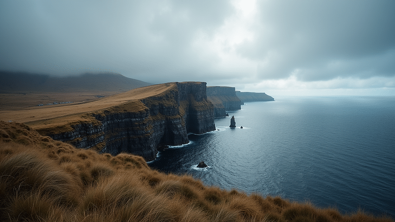 Wide angle view of the rugged cliffs of the Isle of Skye