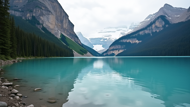 Eye-level view of turquoise waters of Lake Louise in Banff