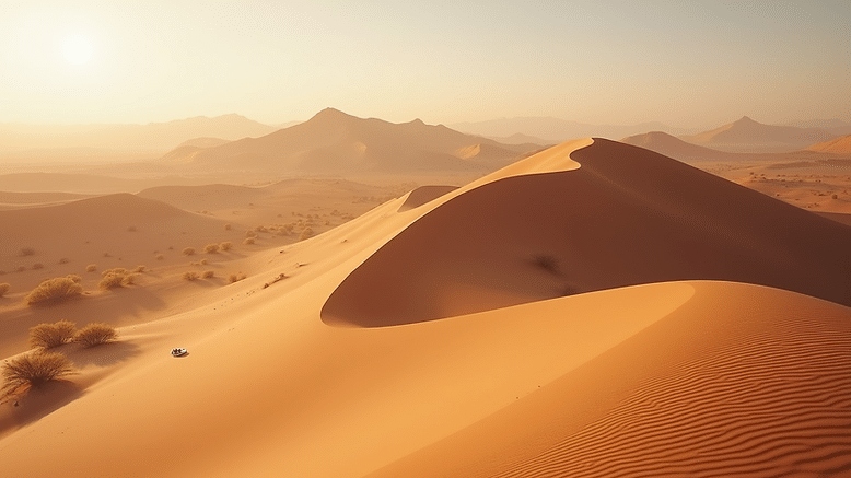 Wide angle view of the towering dunes in the Namib Desert