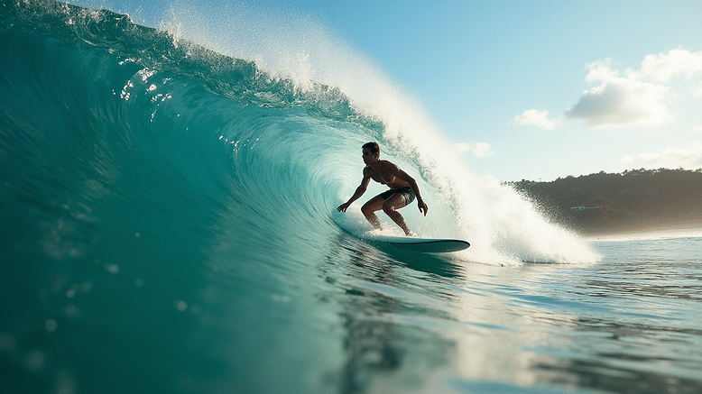 Eye-level view of a surfer riding a wave in Bali