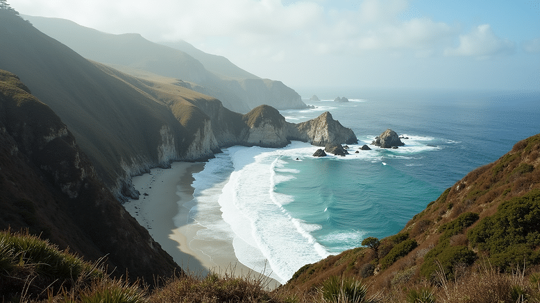 Wide angle view of the rugged coastline of Big Sur