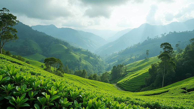 High angle view of lush tea plantations in Sri Lanka