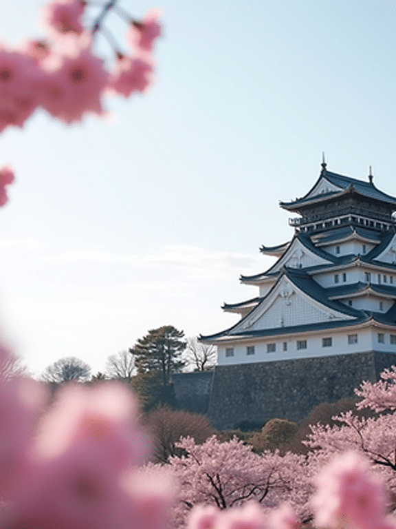 Eye-level view of Osaka Castle surrounded by cherry blossoms