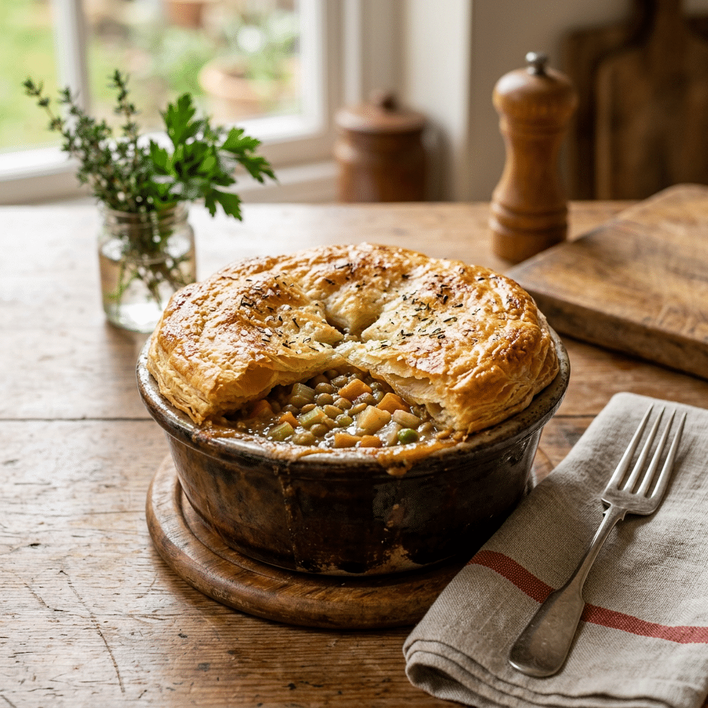 Golden vegetable pot pie with puff pastry crust on a wooden table