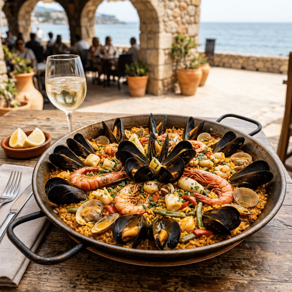 Seafood paella with mussels and prawns on a seaside restaurant table
