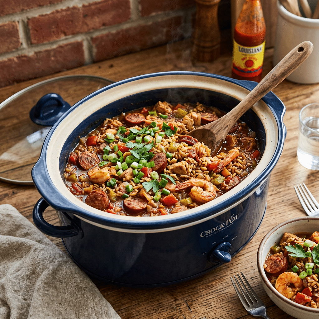 Slow cooker filled with shrimp, sausage, rice, vegetables, and herbs