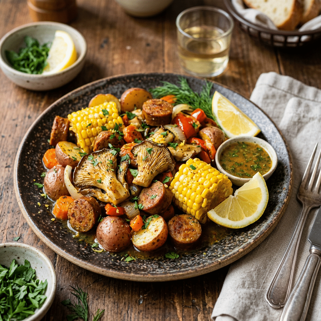 Plate of vegan clambake inspired bake