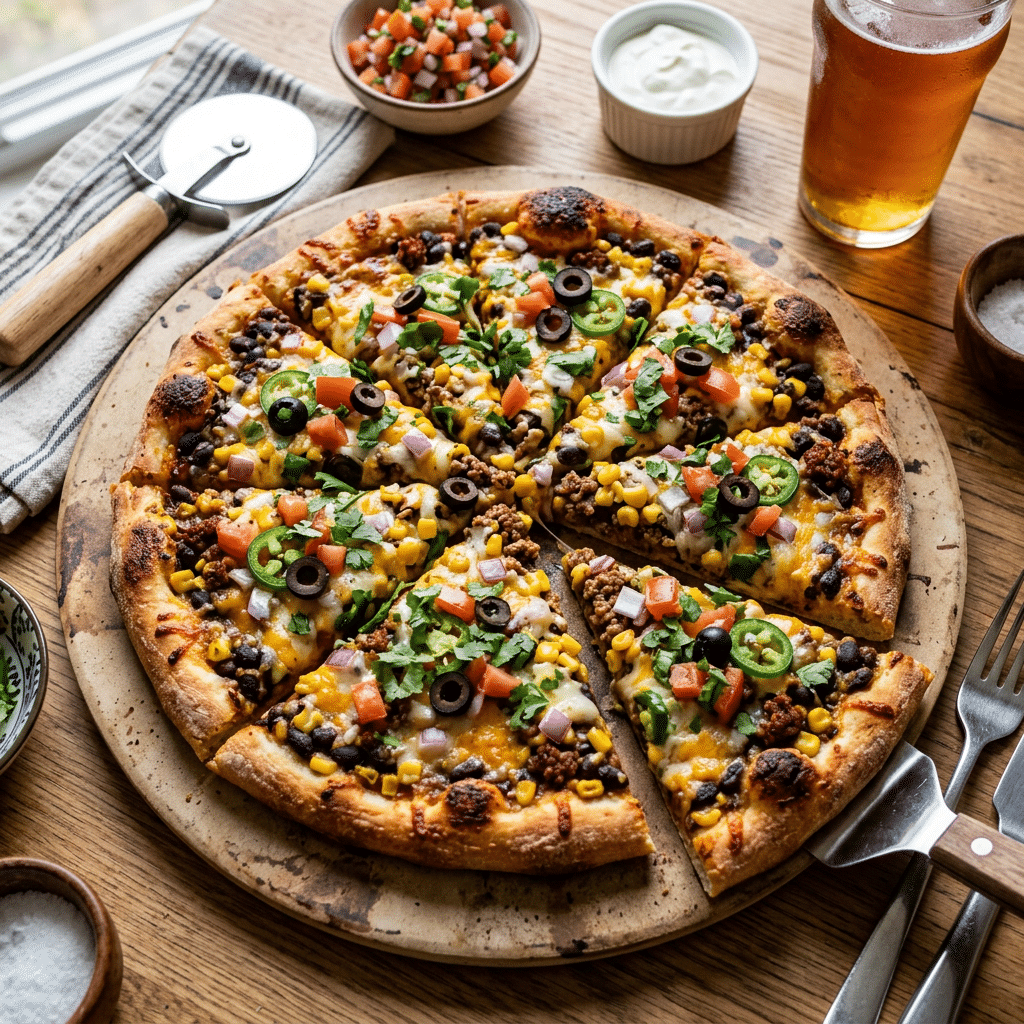 Sliced pizza topped with cheese, beans, corn, jalapeños, olives, tomatoes, and herbs