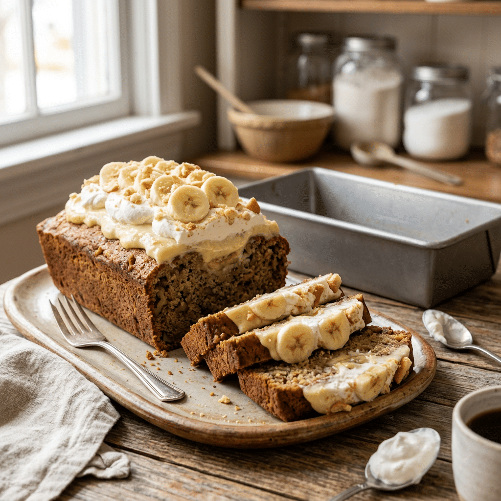 Banana bread loaf topped with cream and sliced bananas beside three slices
