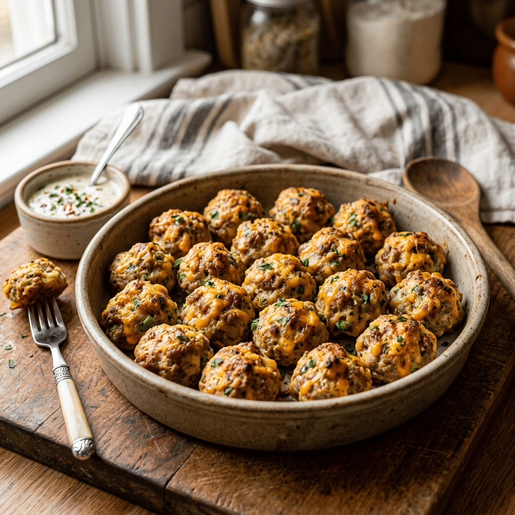 Bowl of golden herb-flecked meatballs with creamy dipping sauce