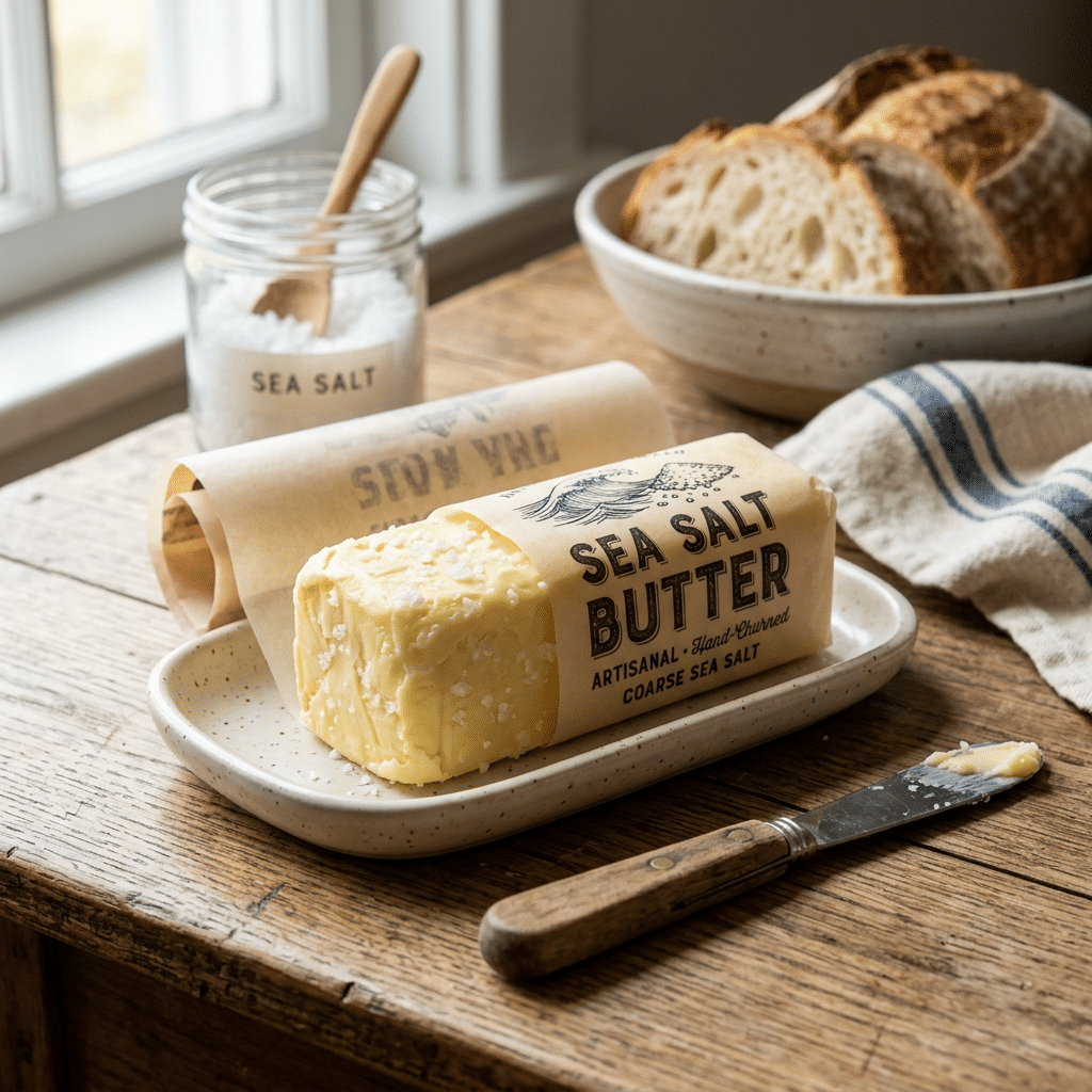 Wrapped sea salt butter on a dish beside bread and a butter knife