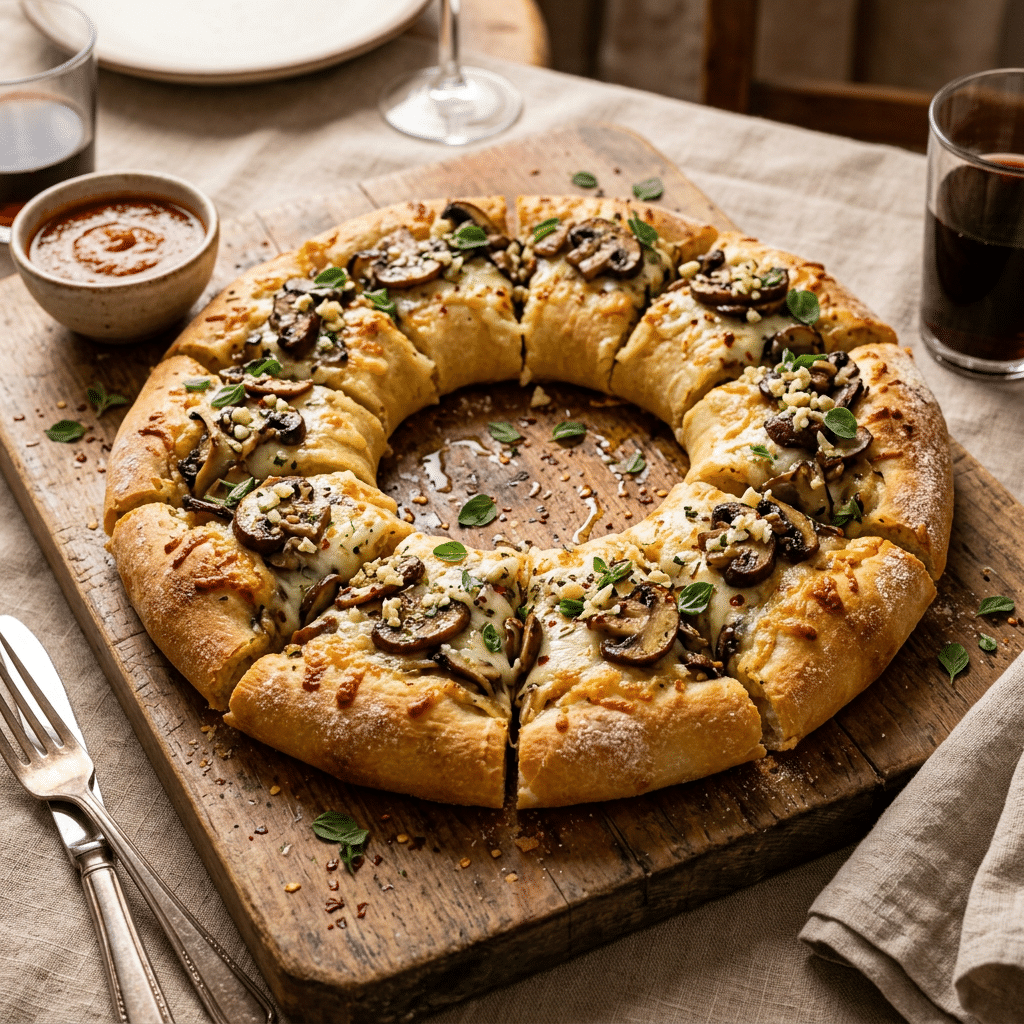 Ring-shaped mushroom pizza topped with cheese and herbs on a wooden board