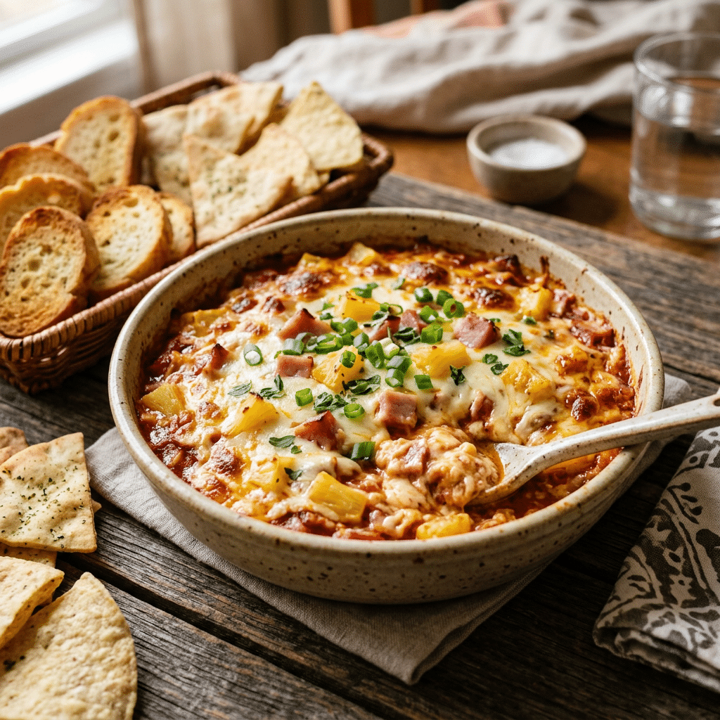 Baked cheesy dip topped with ham, pineapple, and green onions