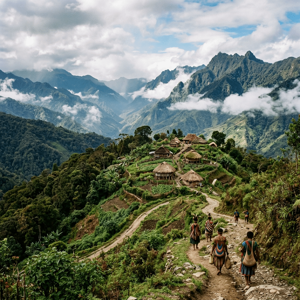 Villagers walking through terraced crops toward thatched homes in a mountain valley