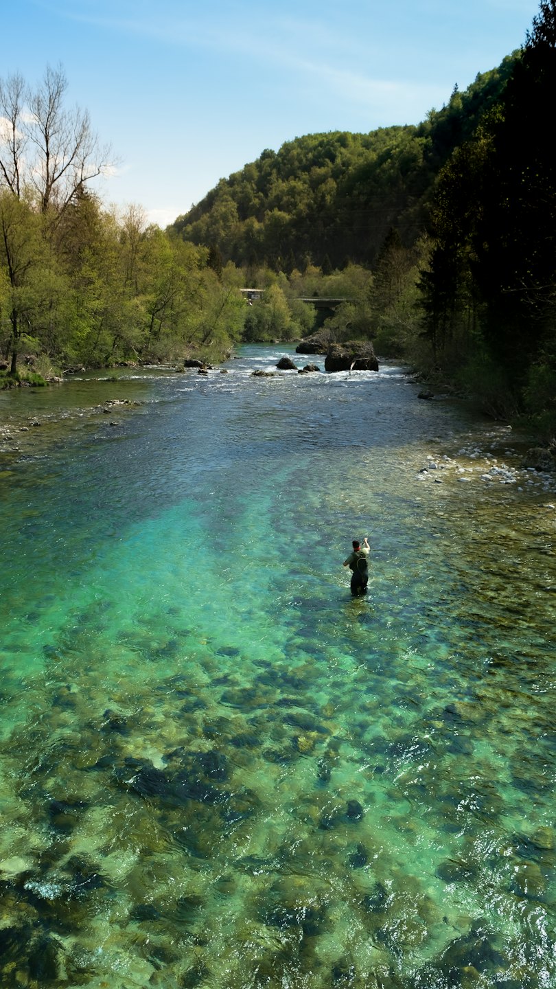 A man fly-fishes in a wide river between forested hills.